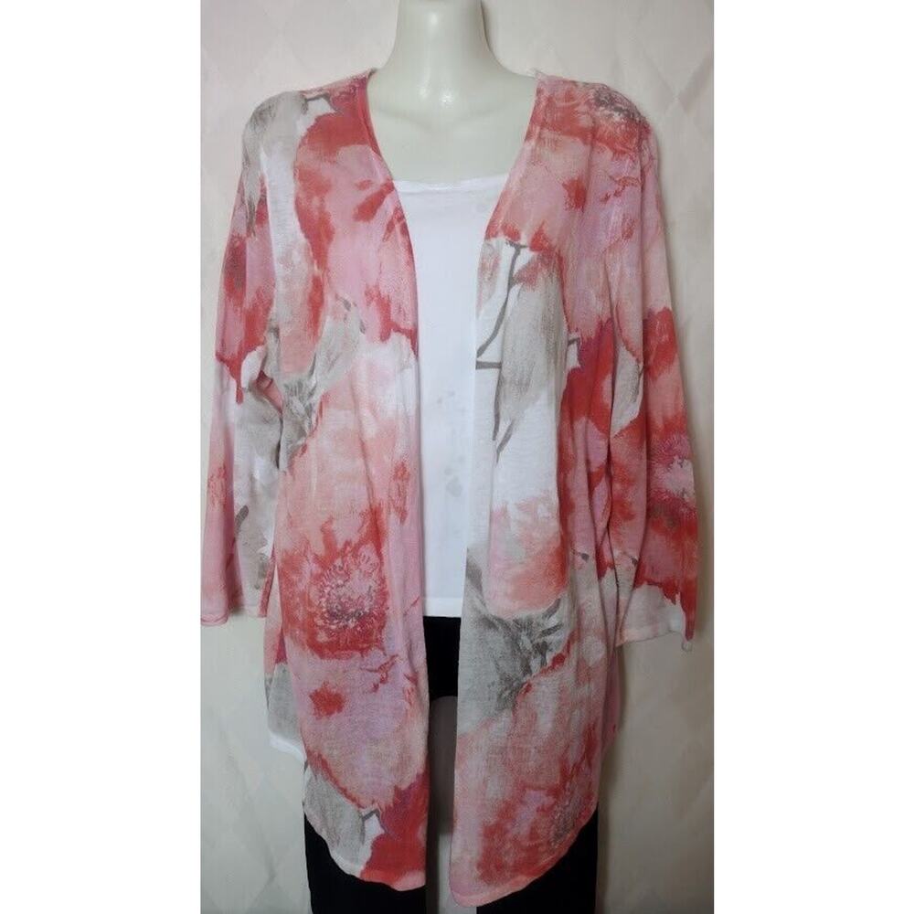 Chico's Sz 2 (M/12) Lightweight Floral Open‎ Front Cardigan, Orng/Taupe/Cream